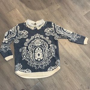 Vintage jeweled collar jacquard knit sweater
